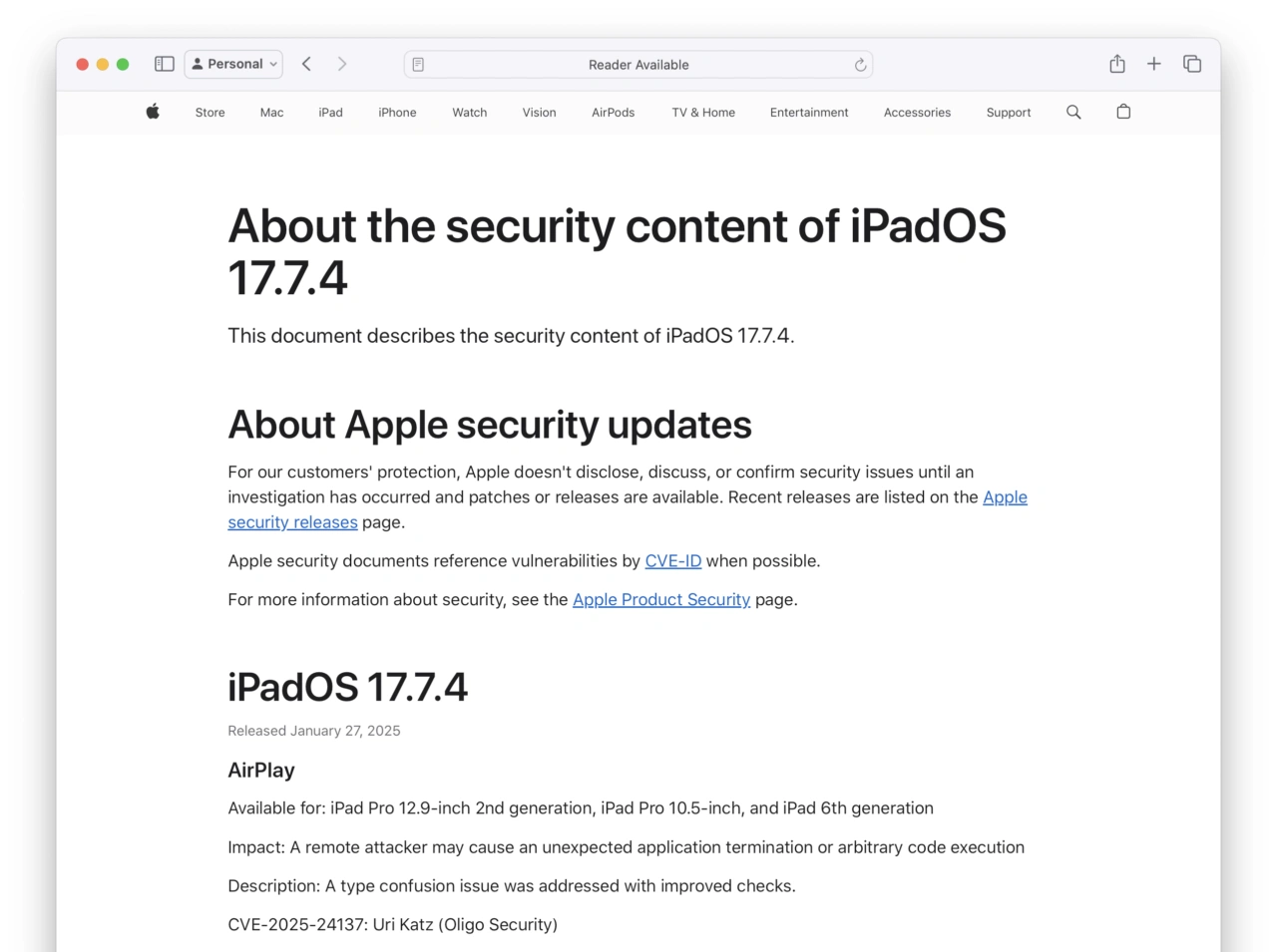 About the security content of iPadOS 17.7.4