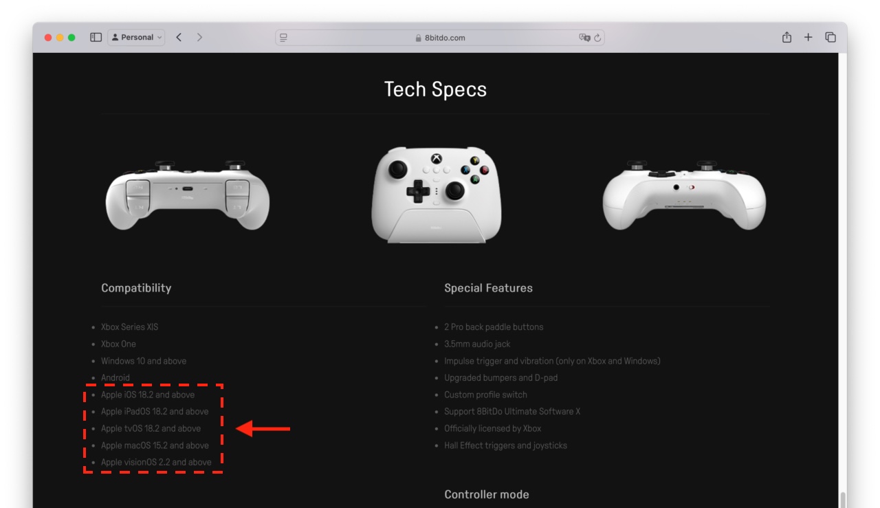 Apple support 8BitDo Ultimate 3-mode Xbox