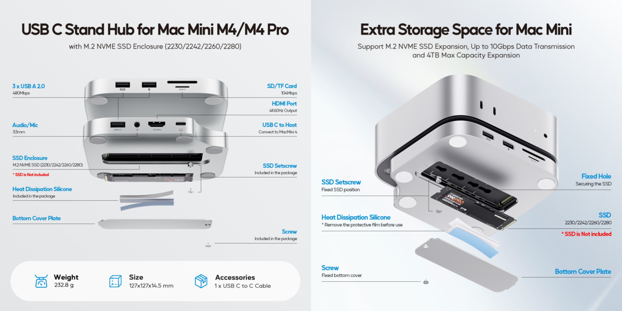 PULWTOP Mac Mini M4 Hub Stand with M2 SSD Enclosure