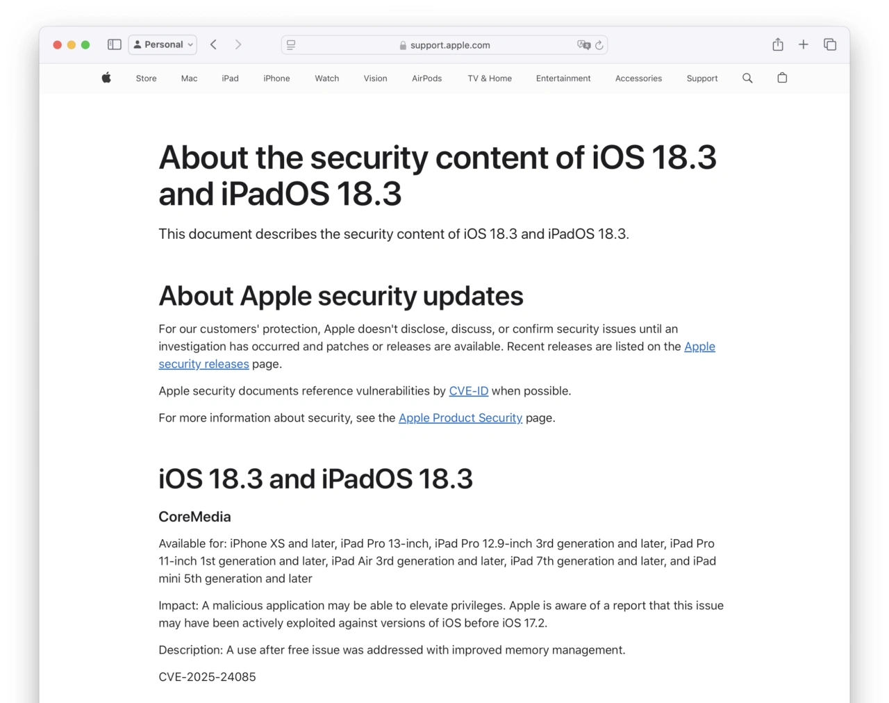 iOS 18.3のCVE-2025-24085