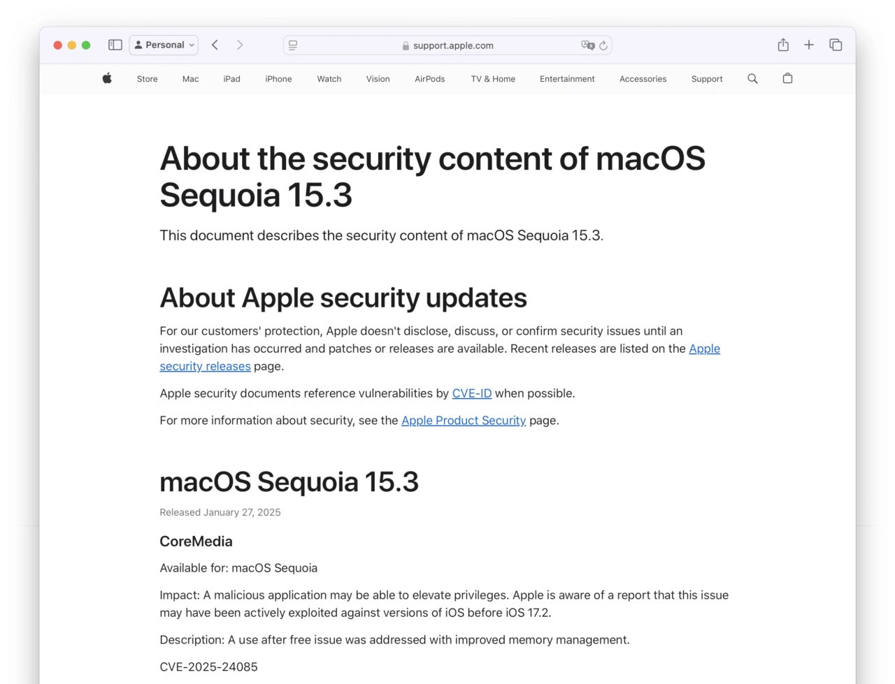 About the security content of macOS Sequoia 15.3