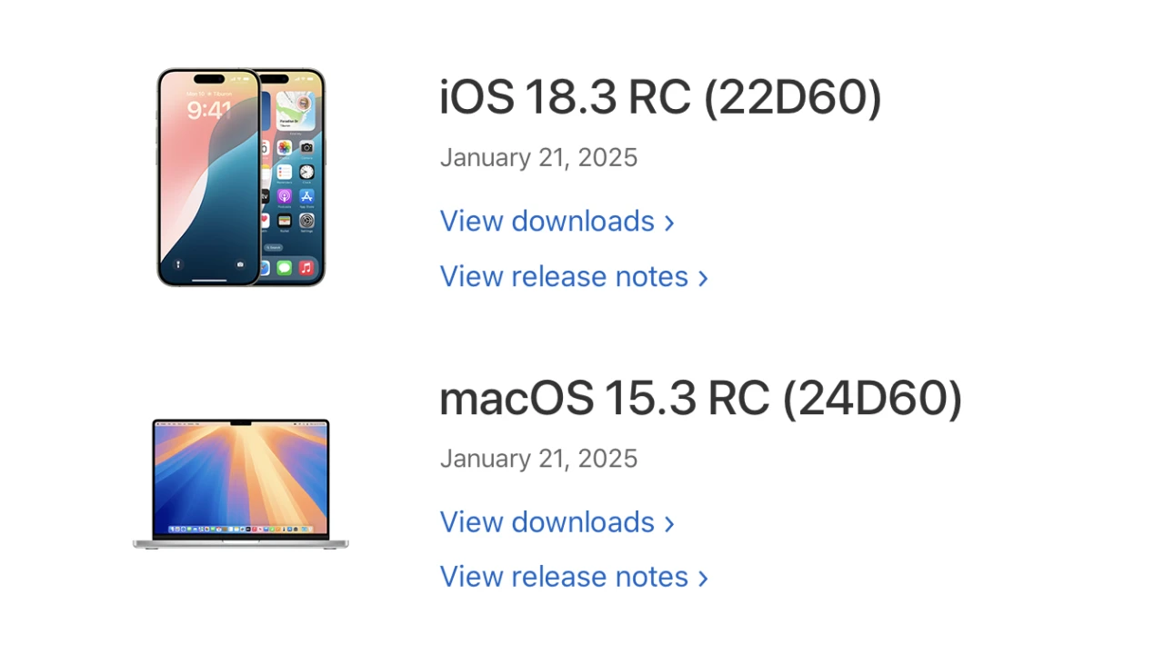 macOS 15.3 RC (24D60)とiOS 18.3 RC (22D60)