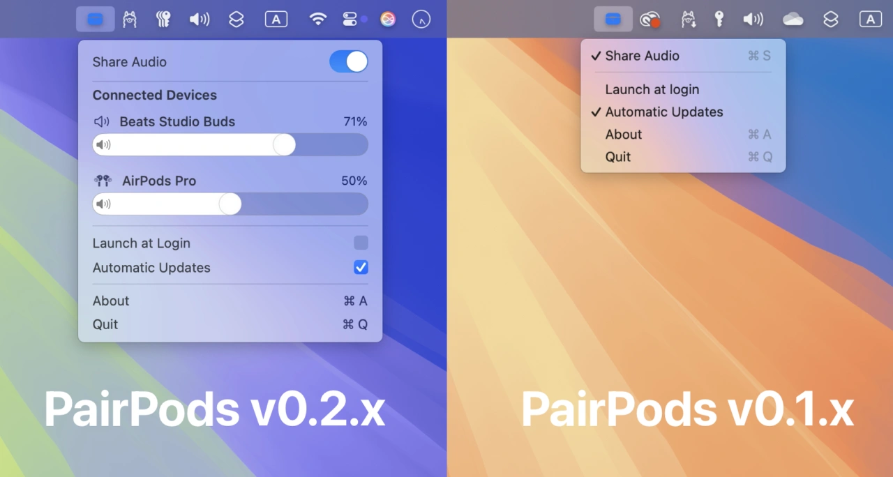 PairPods v0.2.0とv0.1.0