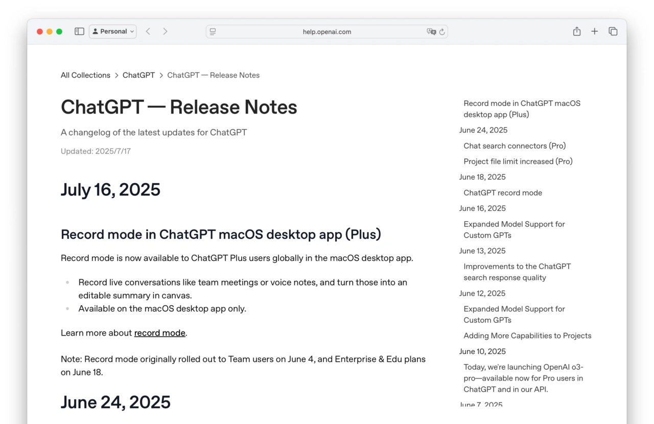 Record mode in ChatGPT macOS desktop app (Plus)
