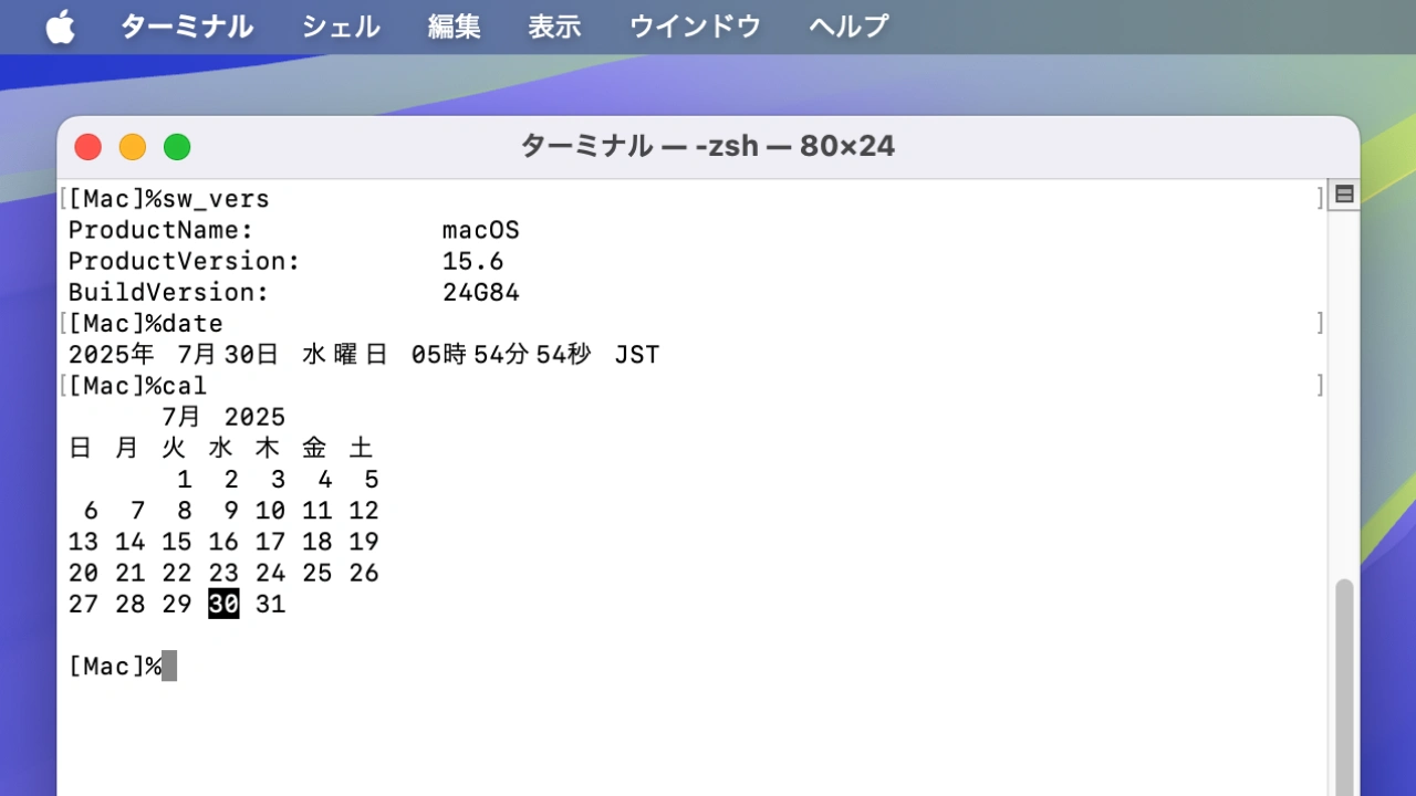 macOS 15.6 Sequoia (24G84)のdataコマンド