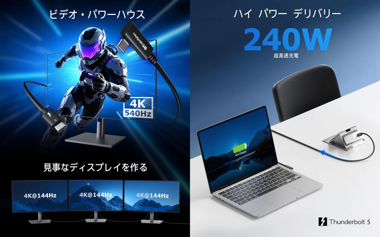 Cable Matters 80Gbps L字 Thunderbolt 5 ケーブル