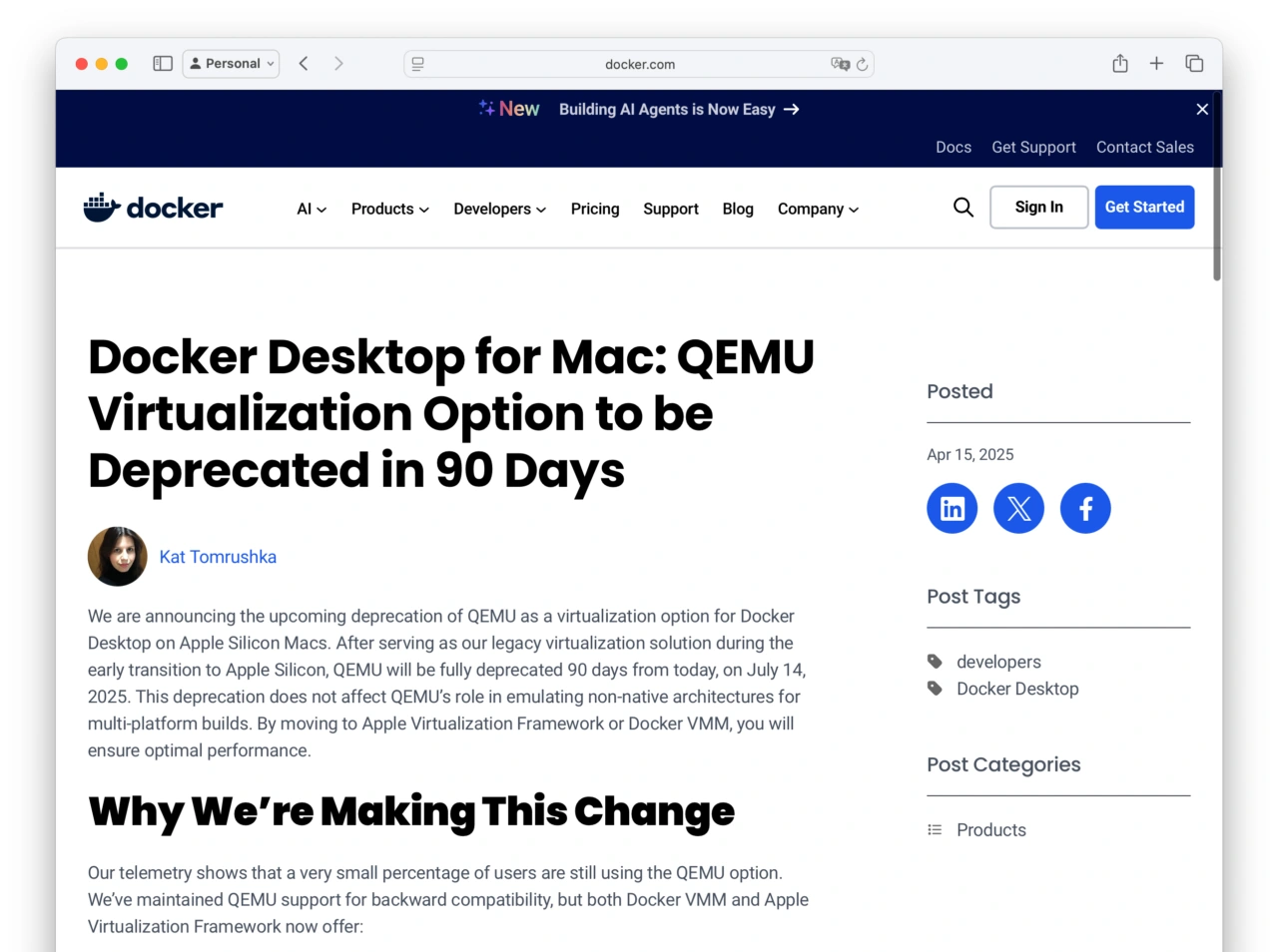 Docker Desktop for Mac: QEMU Virtualization Option to be Deprecated