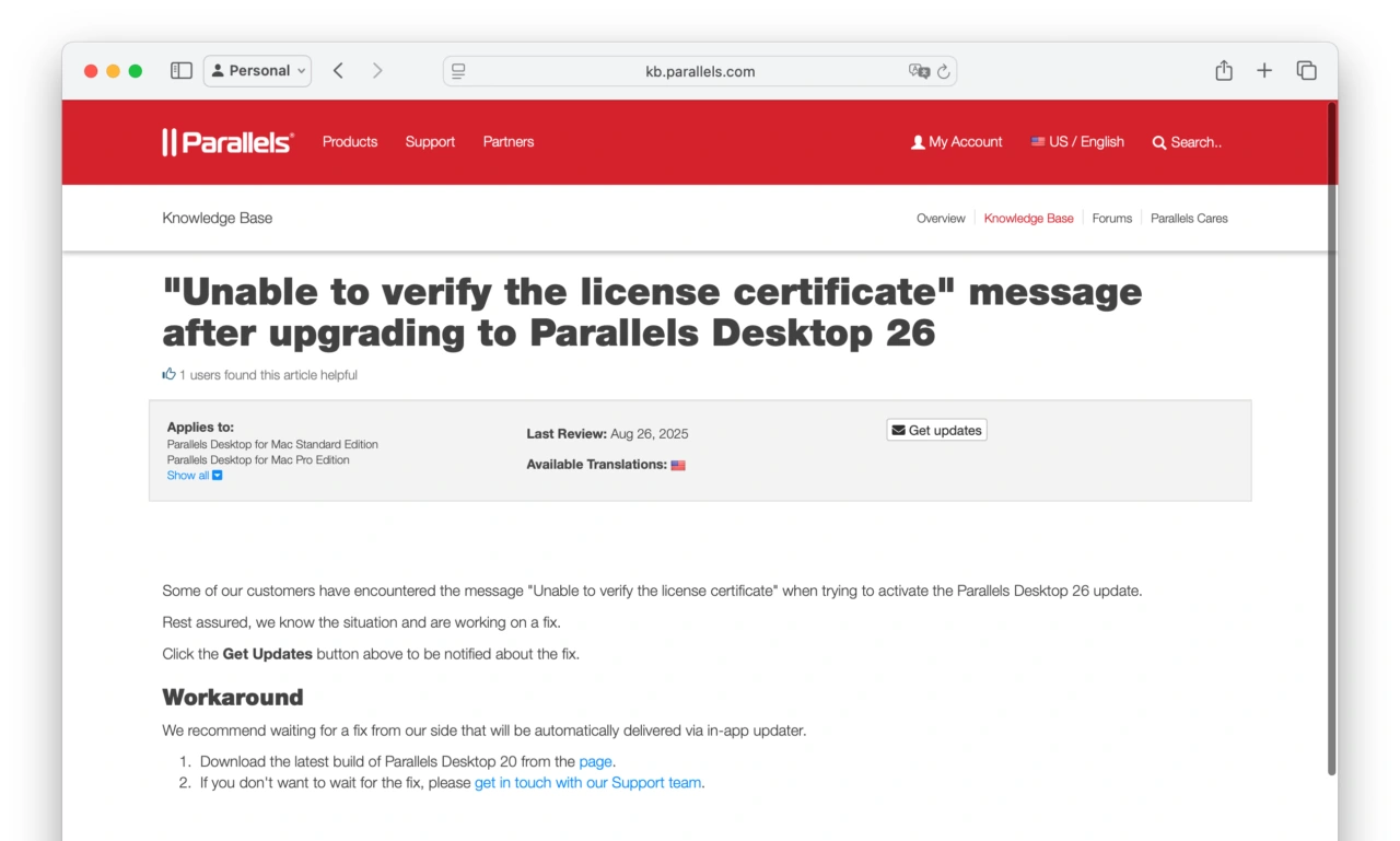 Unable to verify the license certificate Parallels 26
