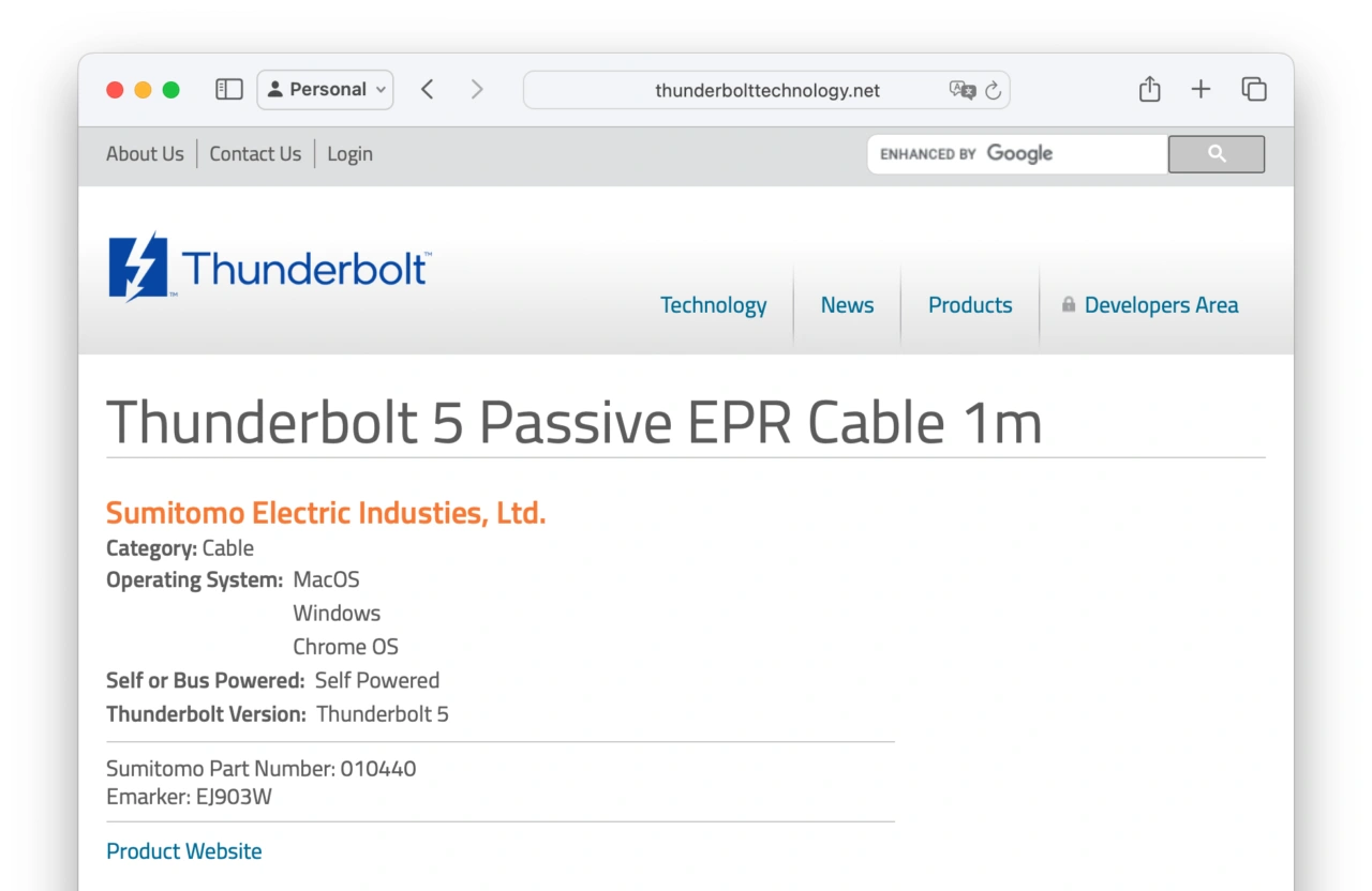 住友電気工業 Thunderbolt5 ケーブル