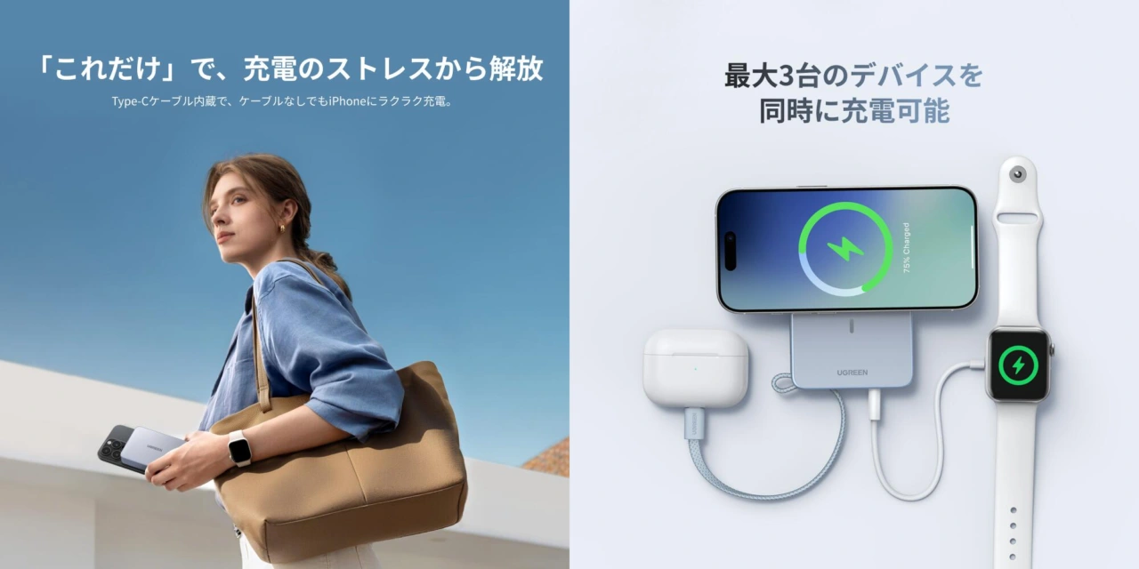 UGREEN MagFlow Qi2 25Wモバイルバッテリー