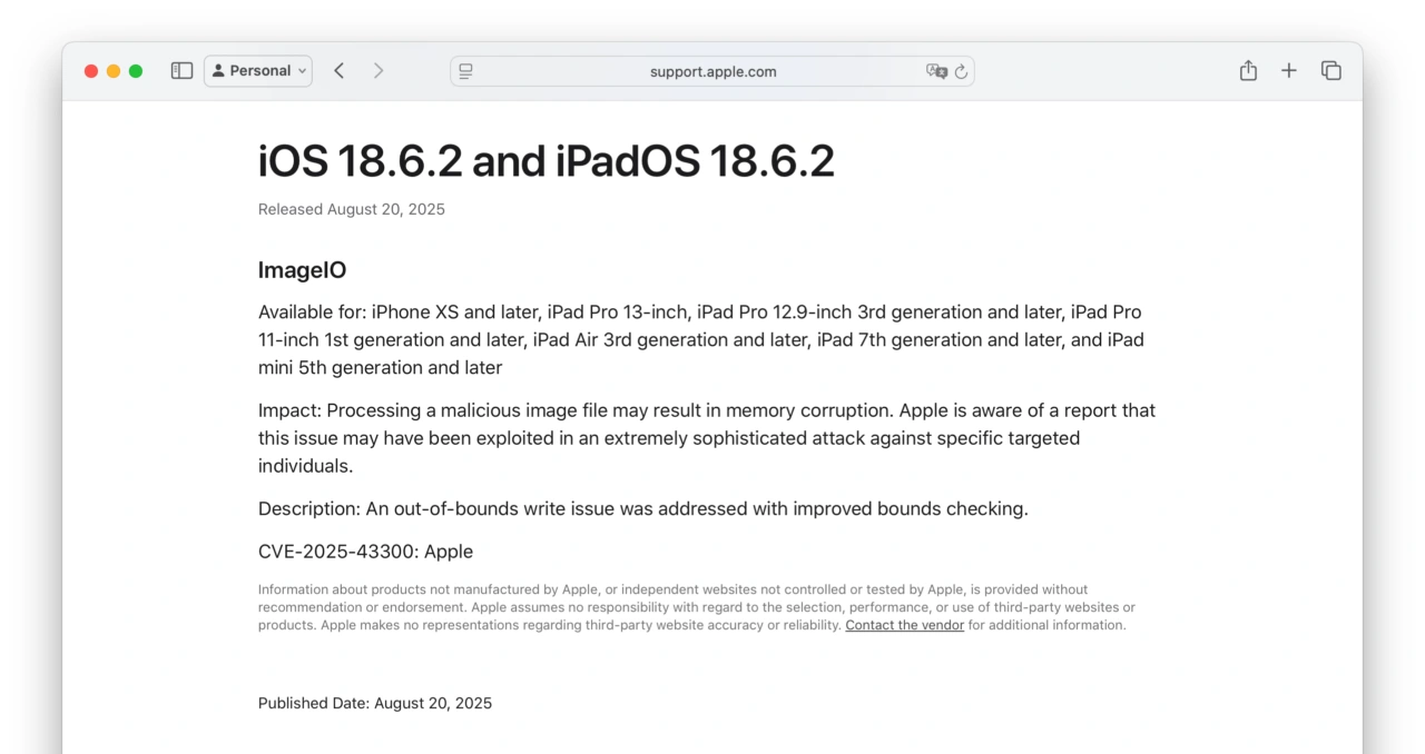 About the security content of iOS 18.6.2 and iPadOS 18.6.2