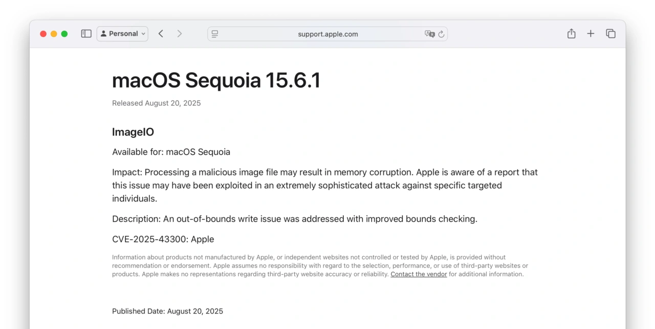 About the security content of macOS Sequoia 15.6.1