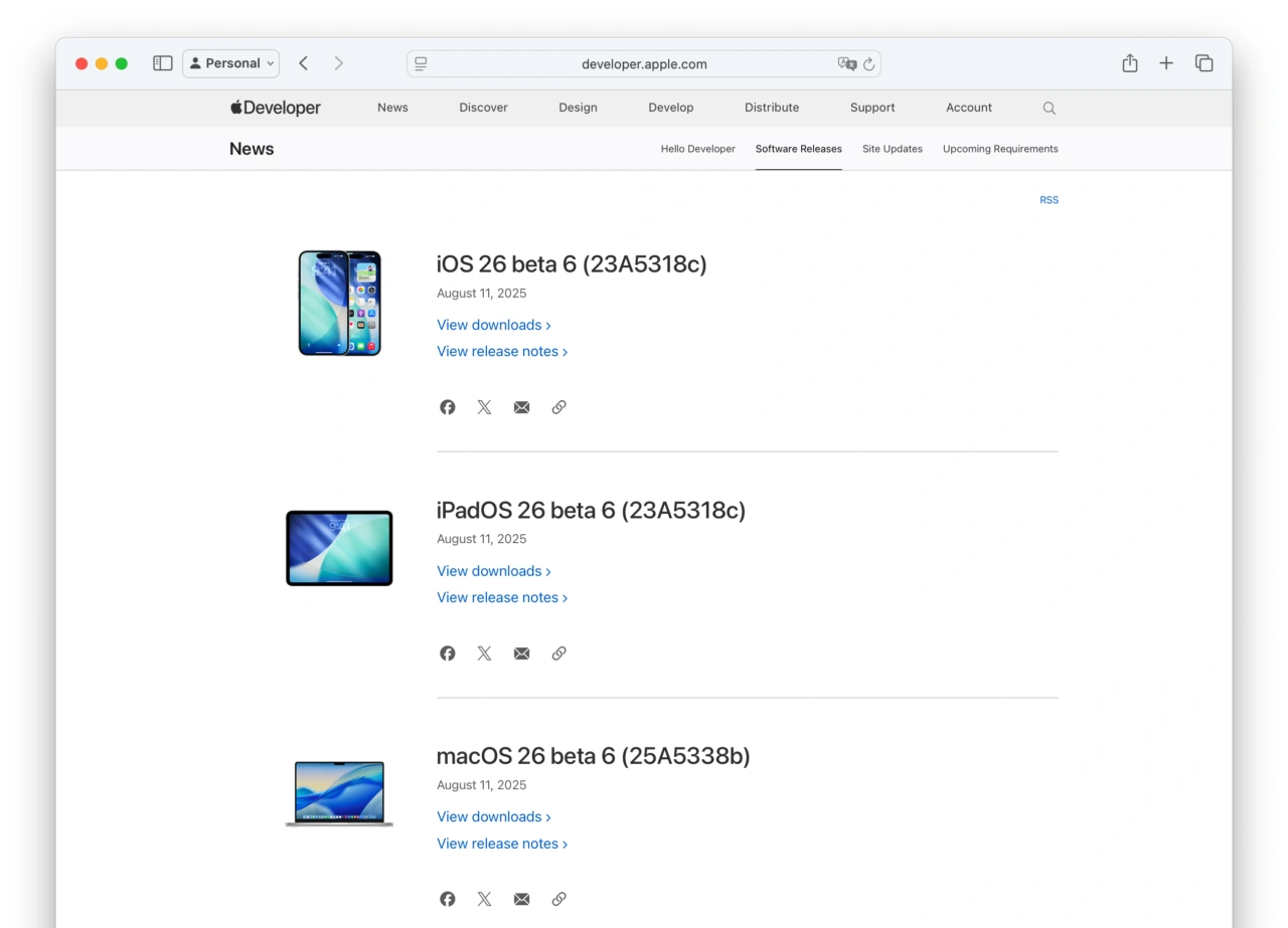 iOS 26 beta 6 (23A5318c)やmacOS 26 beta 6 (25A5338b)