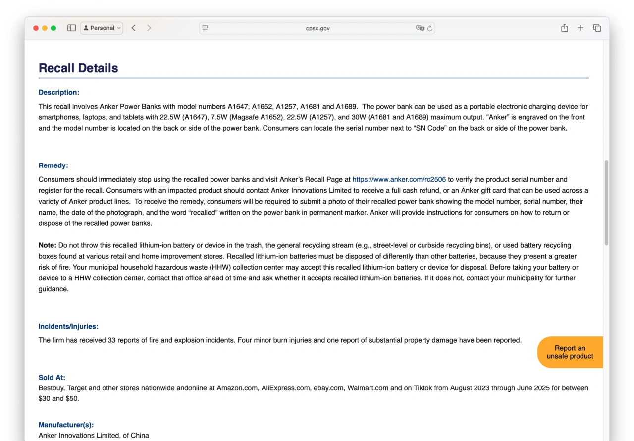 Anker Power Banks Recalled Due to Fire and Burn Hazards; Manufactured by Anker Innovations