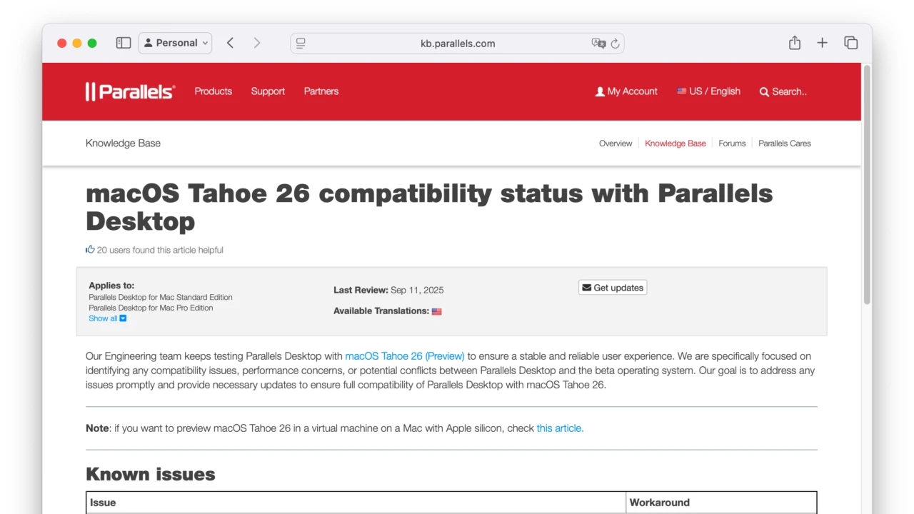 macOS Tahoe 26 сompatibility status with Parallels Desktop