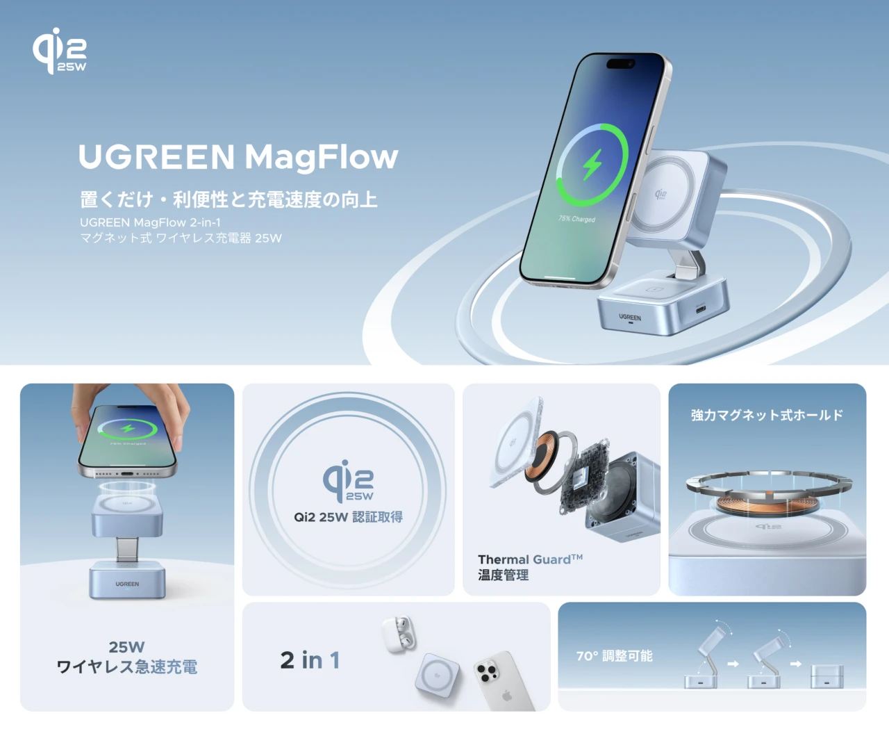 MagFlow 2-in-1 マグネット式ワイヤレス充電器 25W