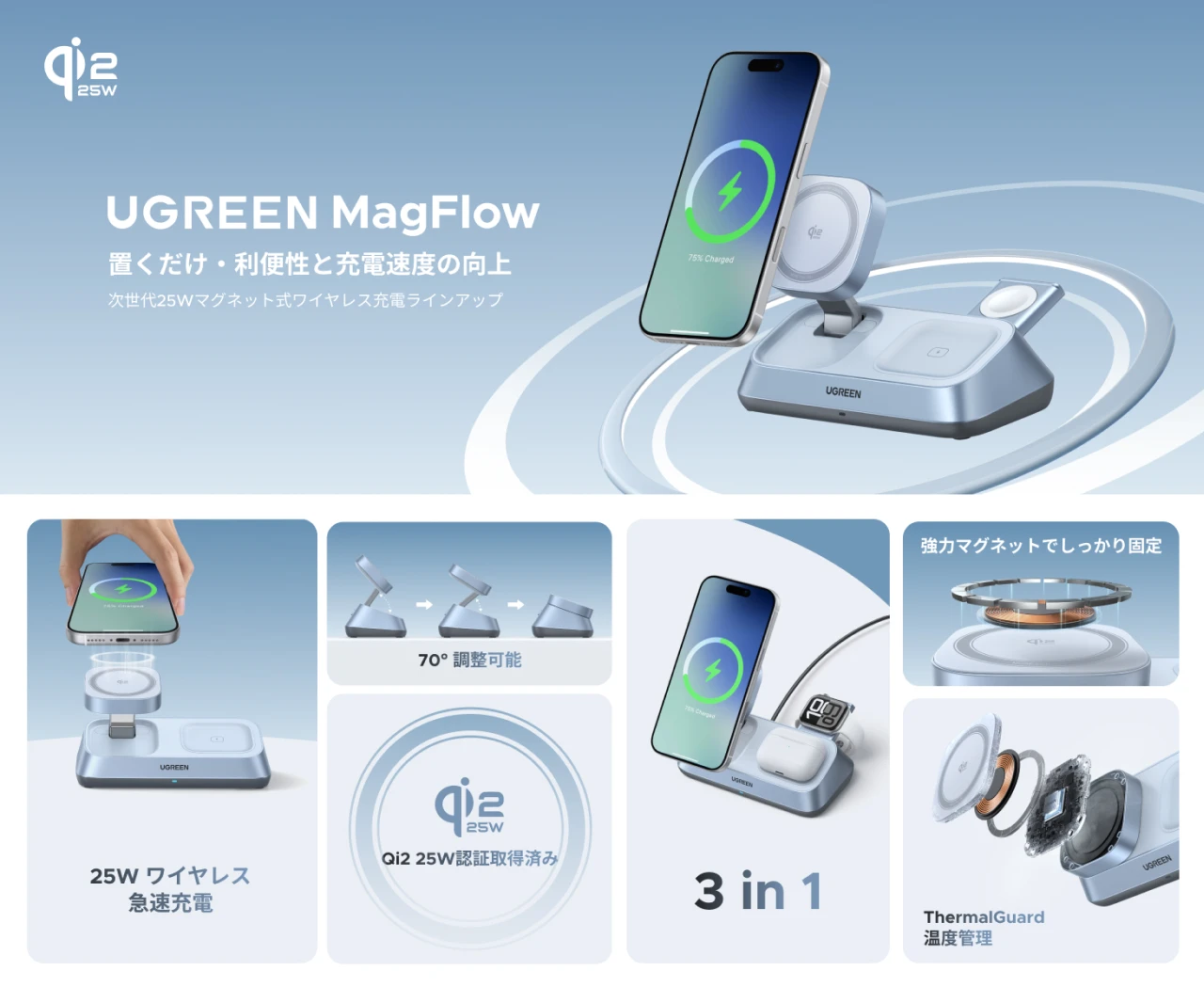 MagFlow 3-in-1 マグネット式ワイヤレス充電器