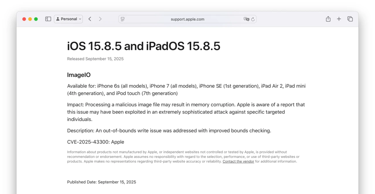 About the security content of iOS 15.8.5 and iPadOS 15.8.5