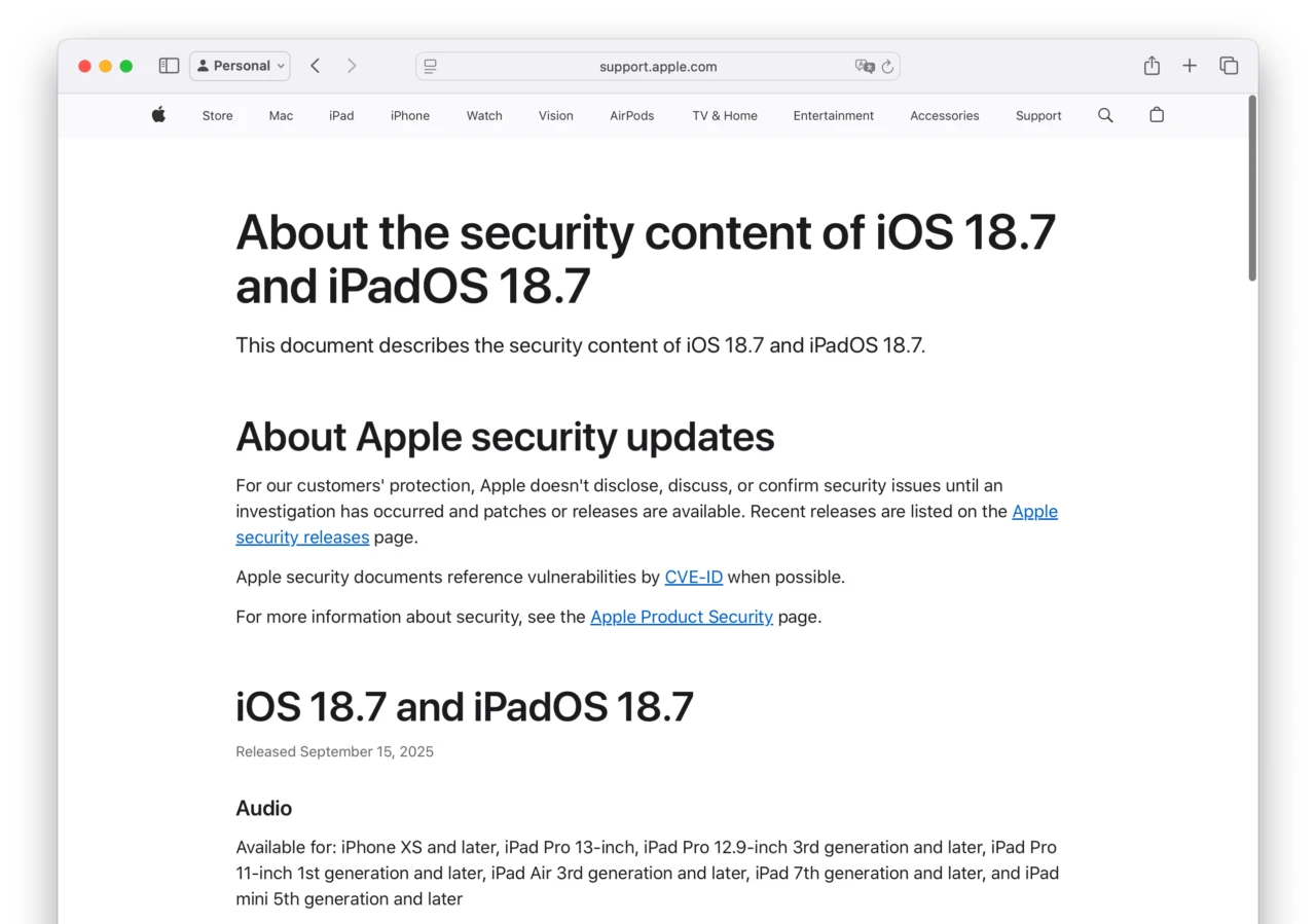 About the security content of iOS 18.7 and iPadOS 18.7
