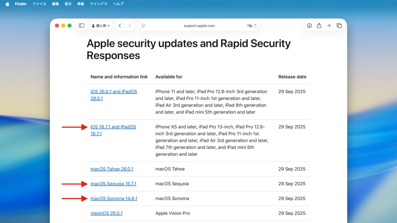 2025年09月セキュリティアップデート