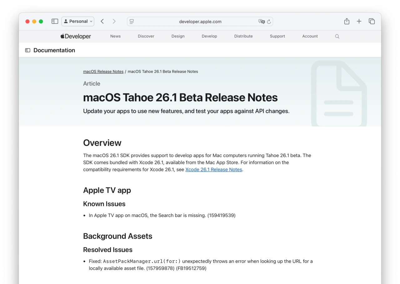 macOS Tahoe 26.1 Beta Release Notes