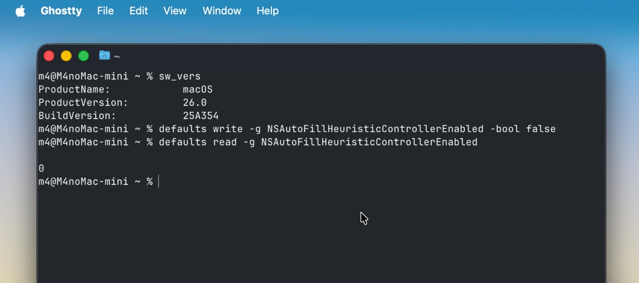 defaults write -g NSAutoFillHeuristicControllerEnabled -bool false