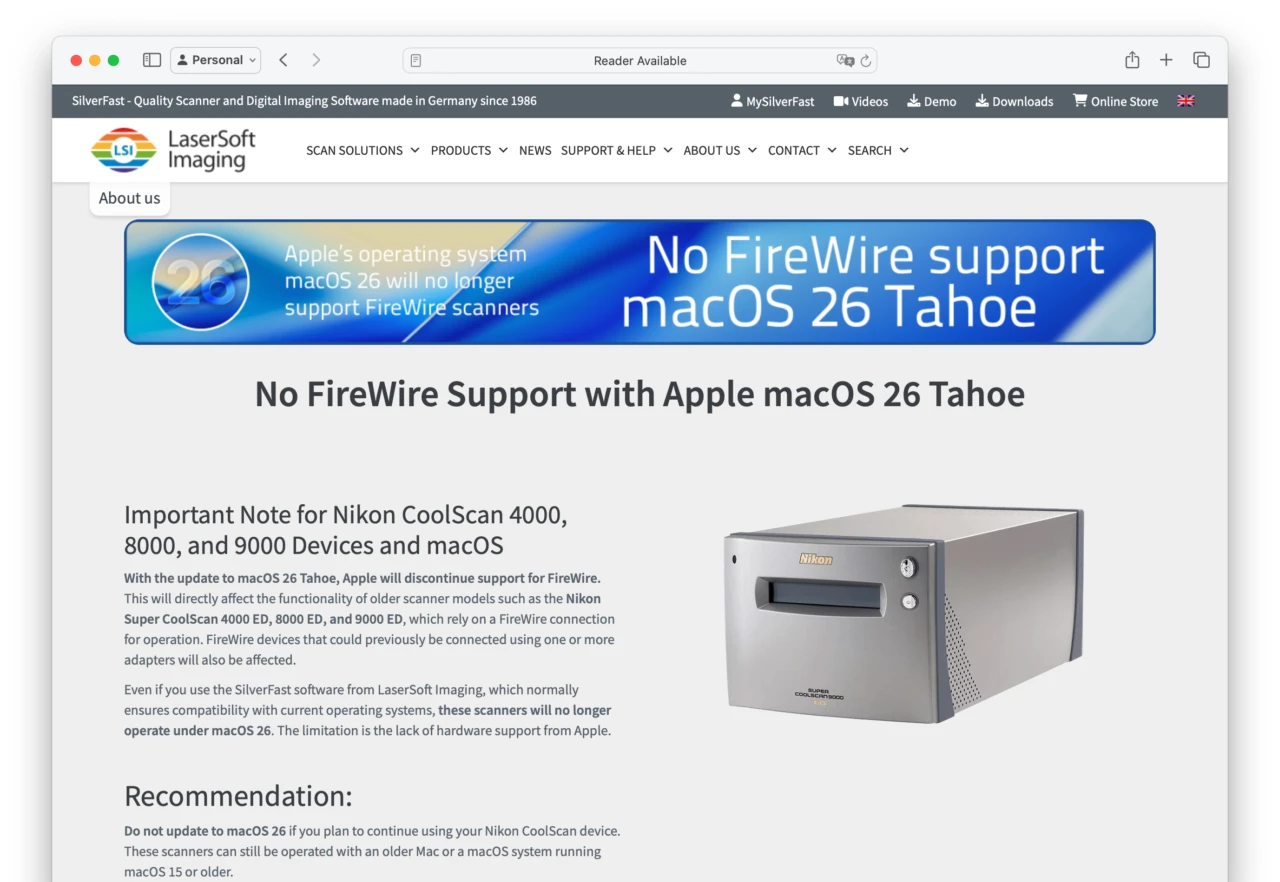 No FireWire Support with Apple macOS 26 Tahoe