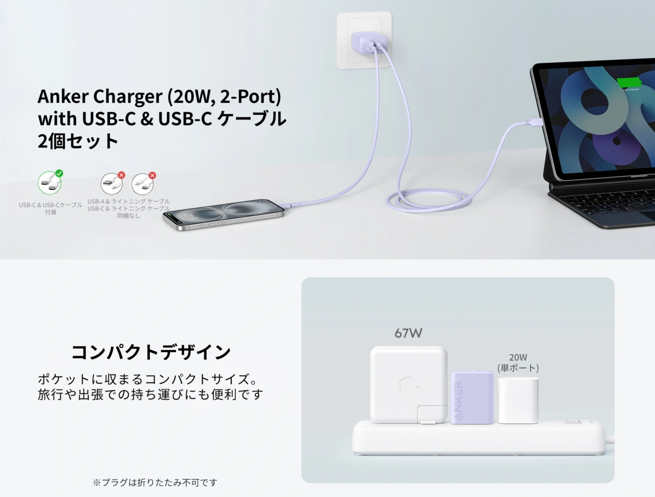 Anker Charger (20W, 2-port) with USB-C & USB-C ケーブル