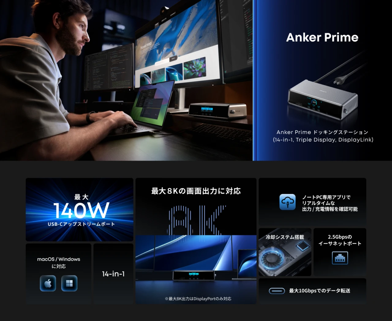 Anker Prime ドッキングステーション (14-in-1, Triple Display, DisplayLink)