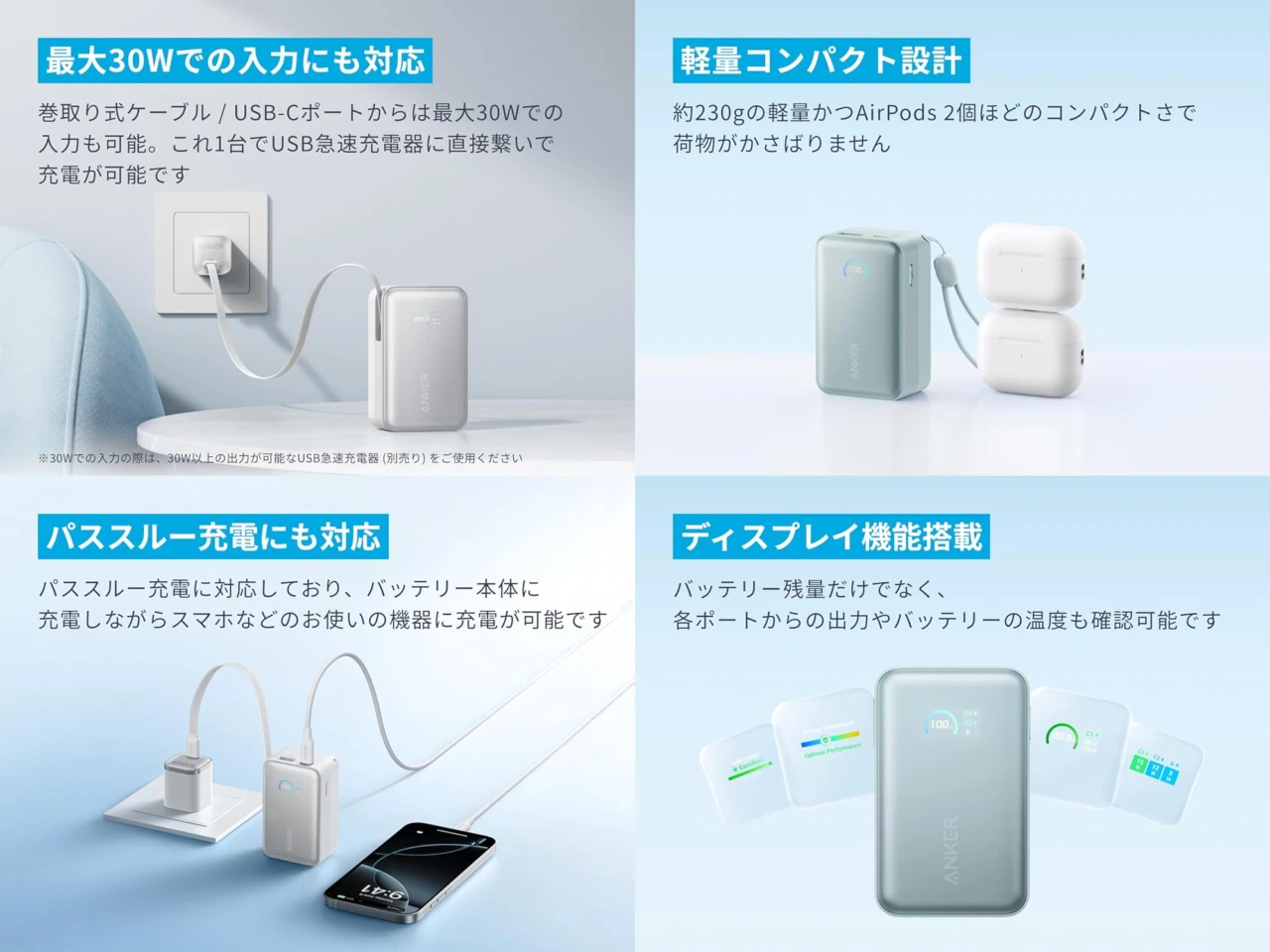 Anker Nano Power Bank (10000mAh,45W,巻取り式USB-Cケーブル)