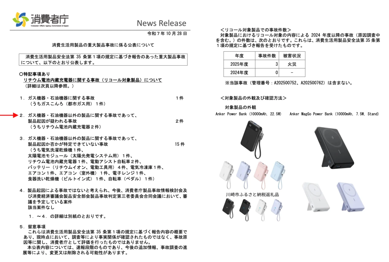 Anker Power Bank (10000mAh, 22.5W)の火災事故