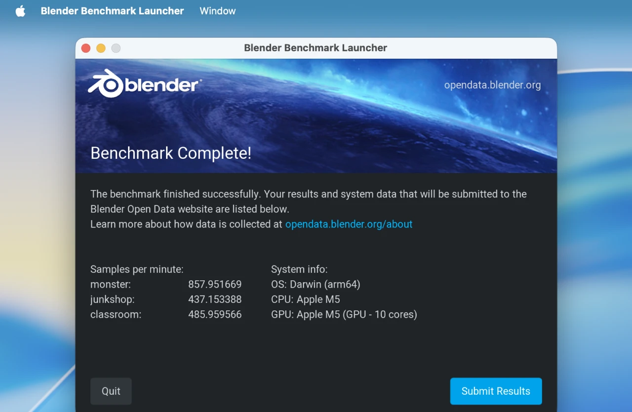 Apple M5 Blender 3Dレンダリング・ベンチマーク