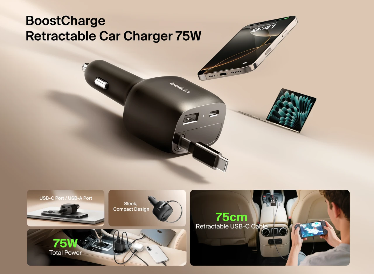 Belkin BoostCharge カーチャージャー75W (巻き取り式ケーブル付き)