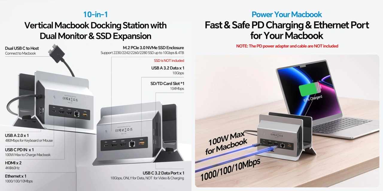 Pulwtop-10-in-1-MacBook Docking Stand Dual Monitor