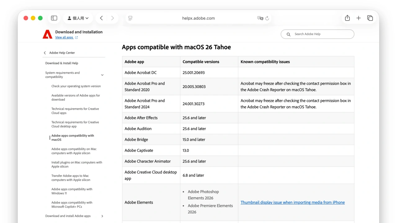 Adobe製アプリのmacOS 26 Tahoeとの互換性情報