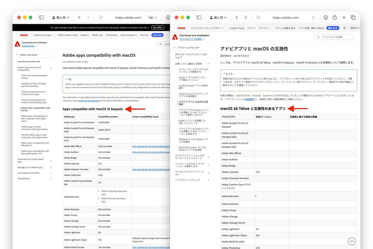 米AdobeのmacOSとの互換性