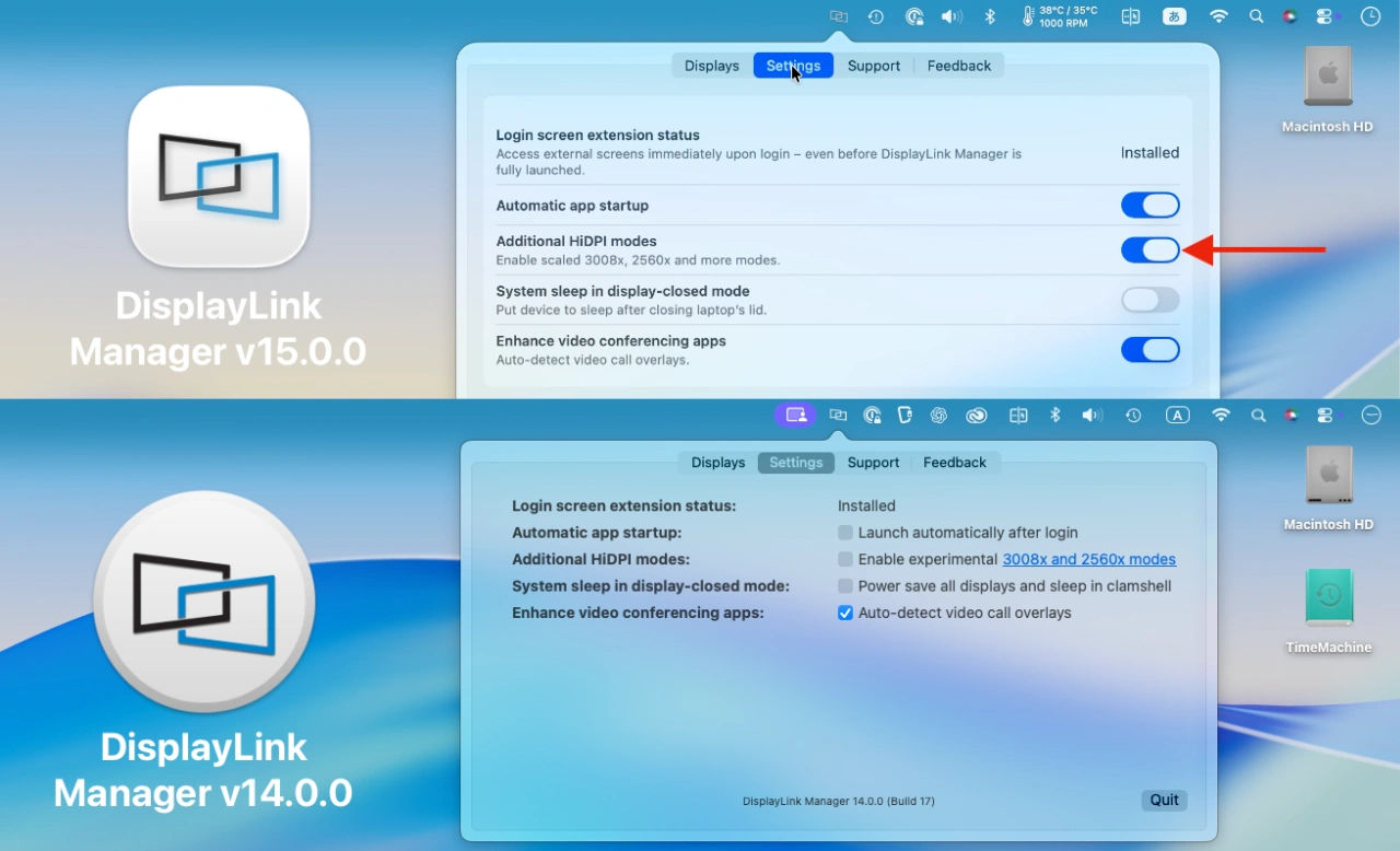 DisplayLink Manager macOS app v15.0.0とv14.0.0