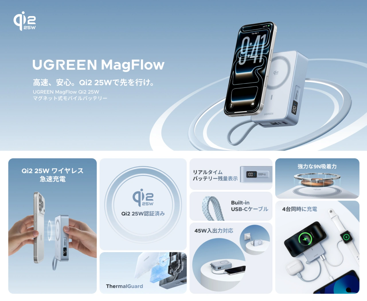 UGREEN MagFlow Qi2 25W 認証 モバイルバッテリー (20000mAh・45W)
