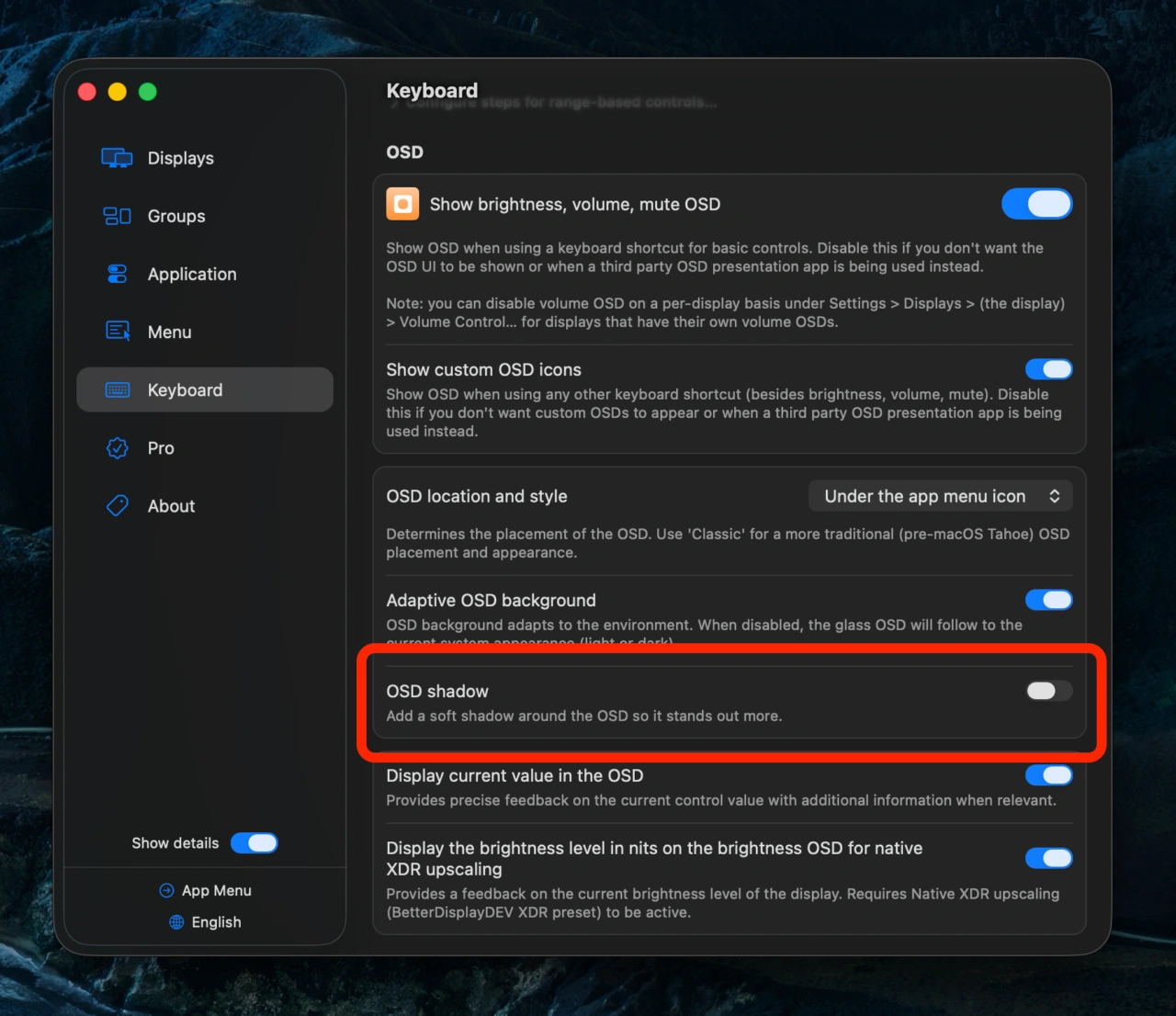 BetterDisplayのODSシャドウ