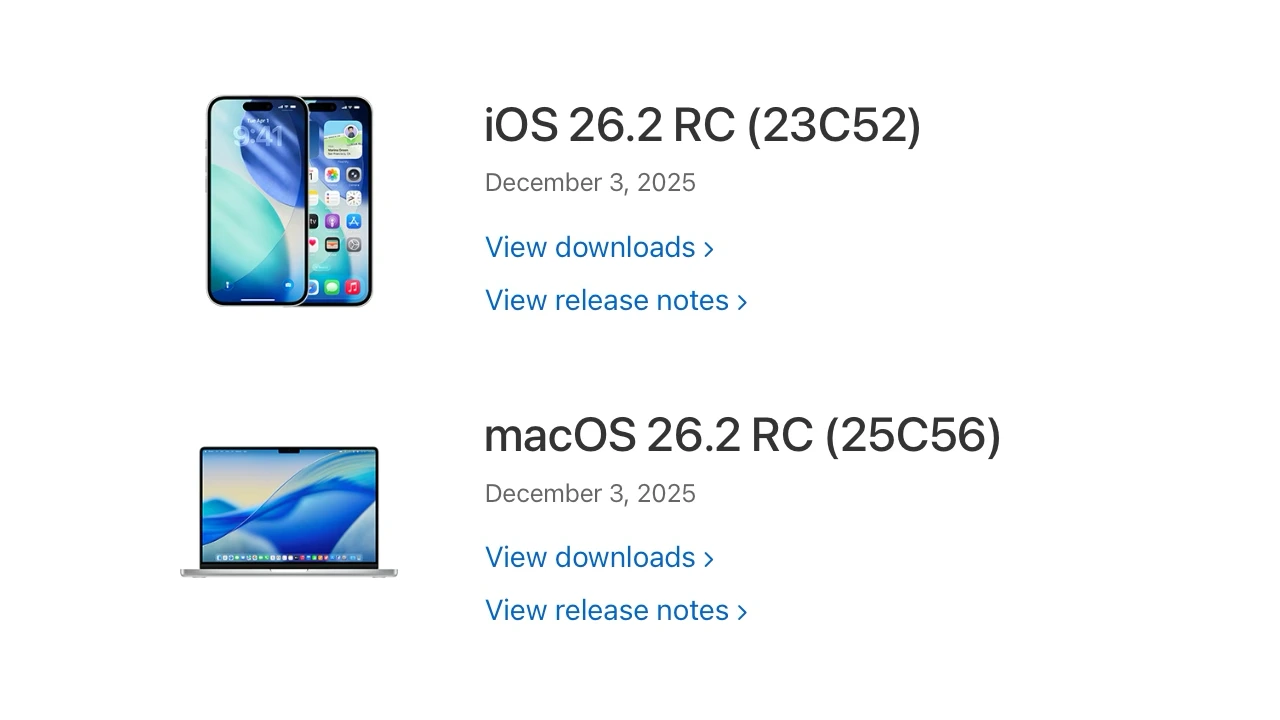 macOS 26.2 RC (25C56)とiOS 26.2 RC (23C52)