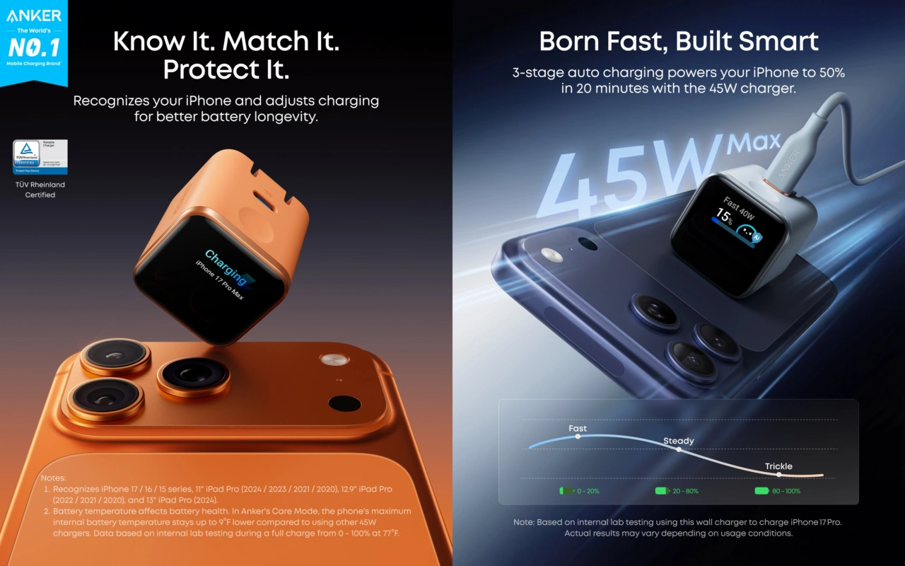 Anker Nano Charger (45W, Smart Display, 180° Foldable)