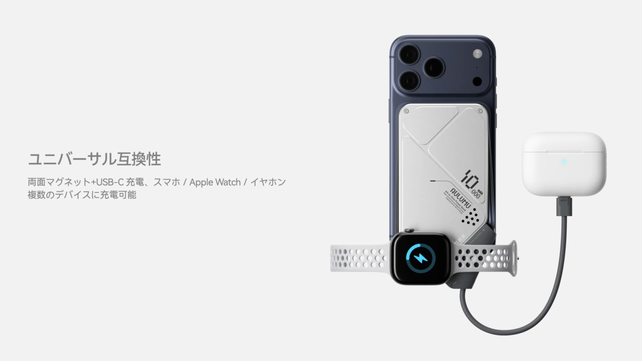 Aulumu M10 10000mAh 3in1 両面マグネット式モバイルバッテリー