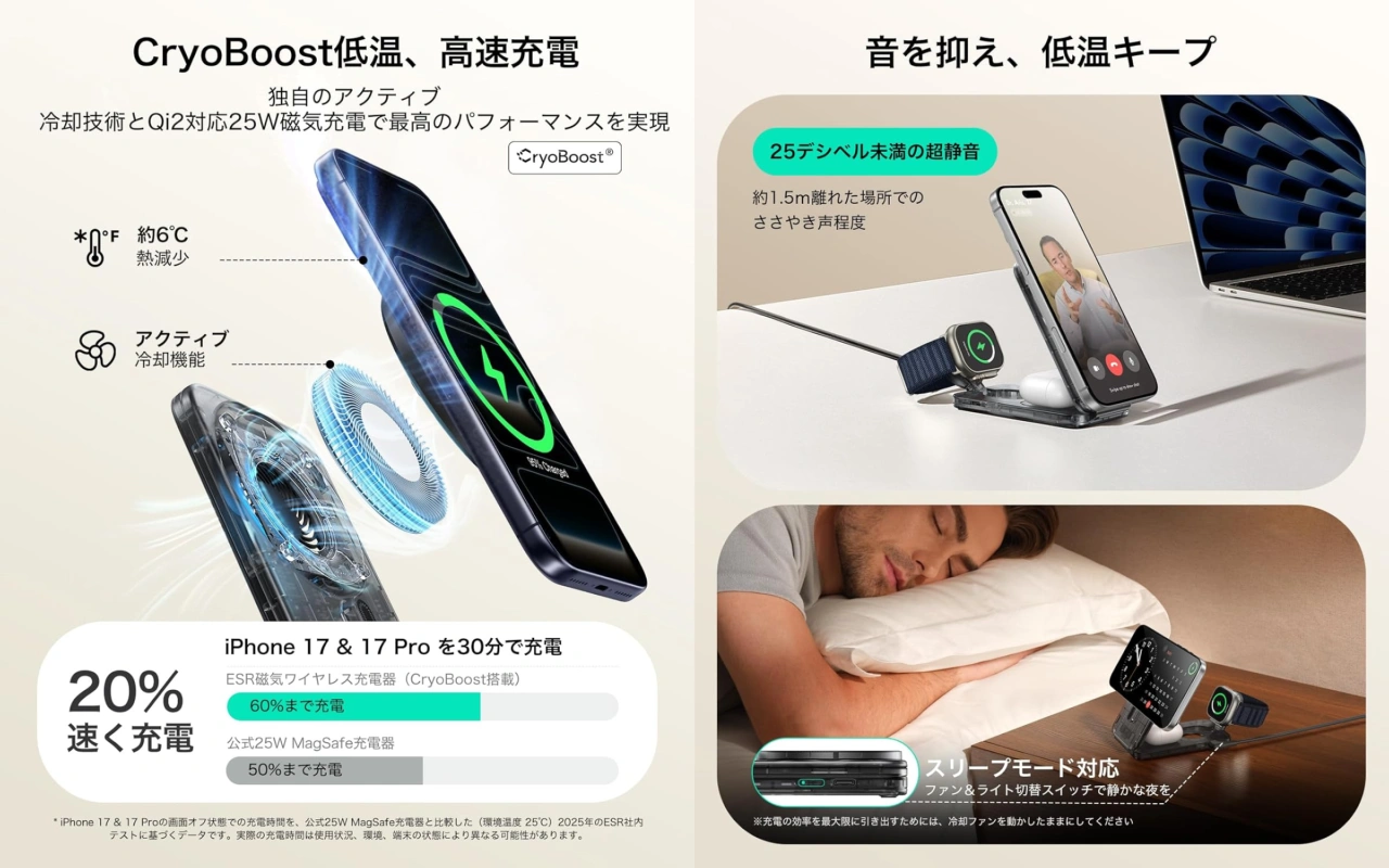 ESR CryoBoost折りたたみ式 3-in-1マグネット充電ステーション (25W)