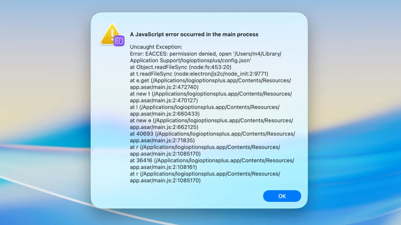 Logitech Options Plus JavaScript Error