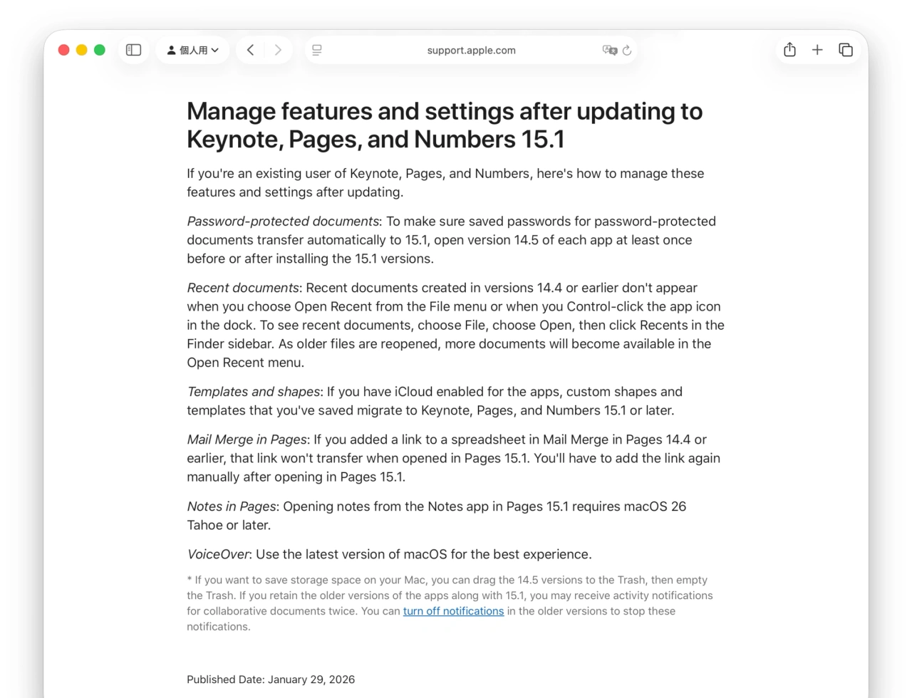 Manage features and settings after updating to Keynote, Pages, and Numbers 15.1