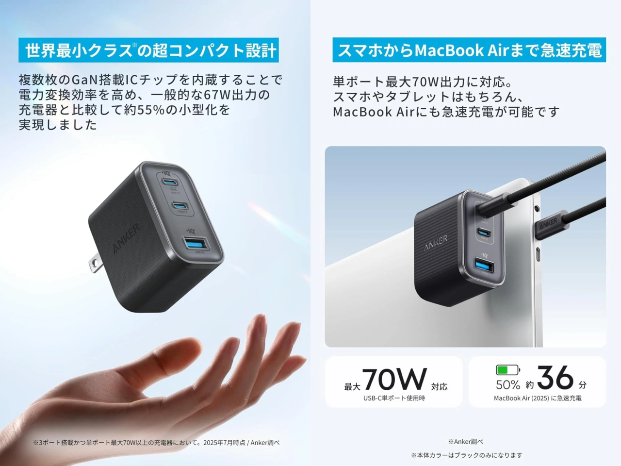 Anker Nano Charger (70W, 3 Ports) with USB-C & USB-C ケーブル