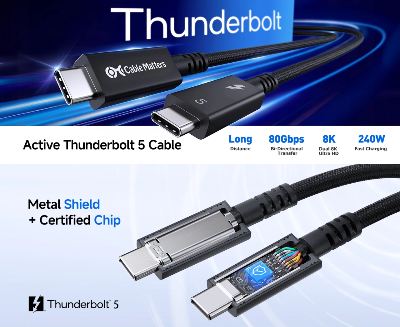 Cable Matters 80Gbps Active Thunderbolt 5 Cable