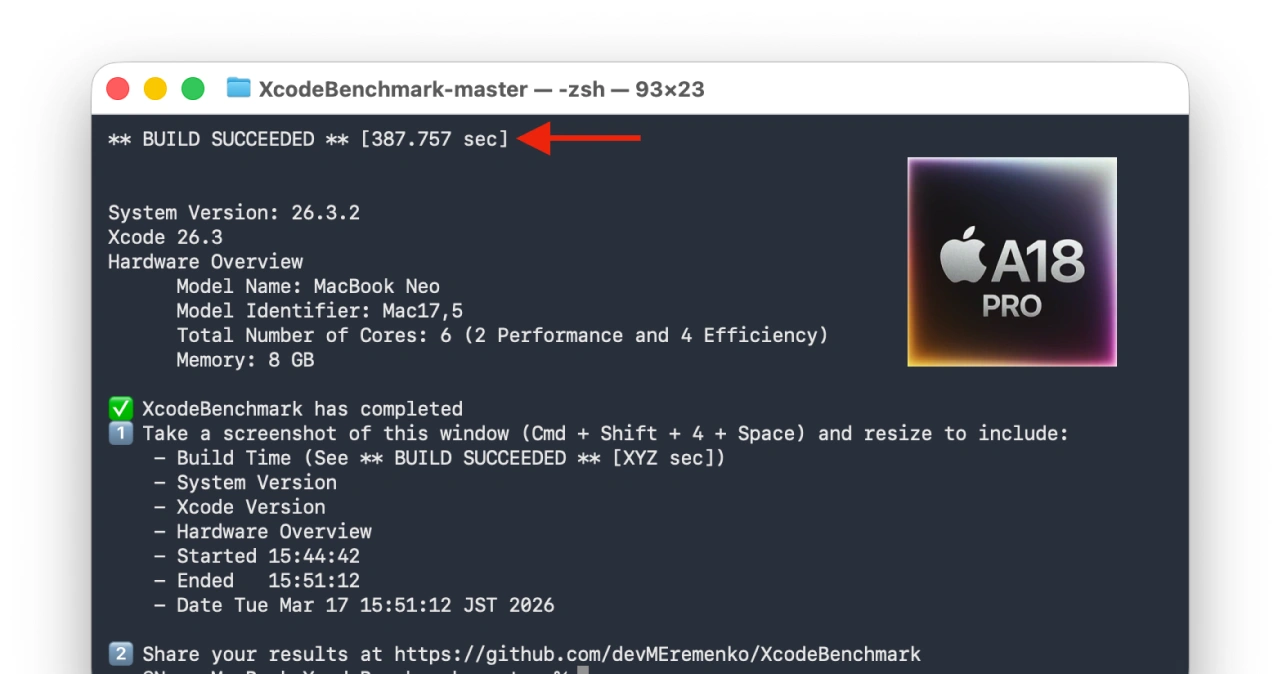 XcodeBenchmark MacBook Neo A18 Pro