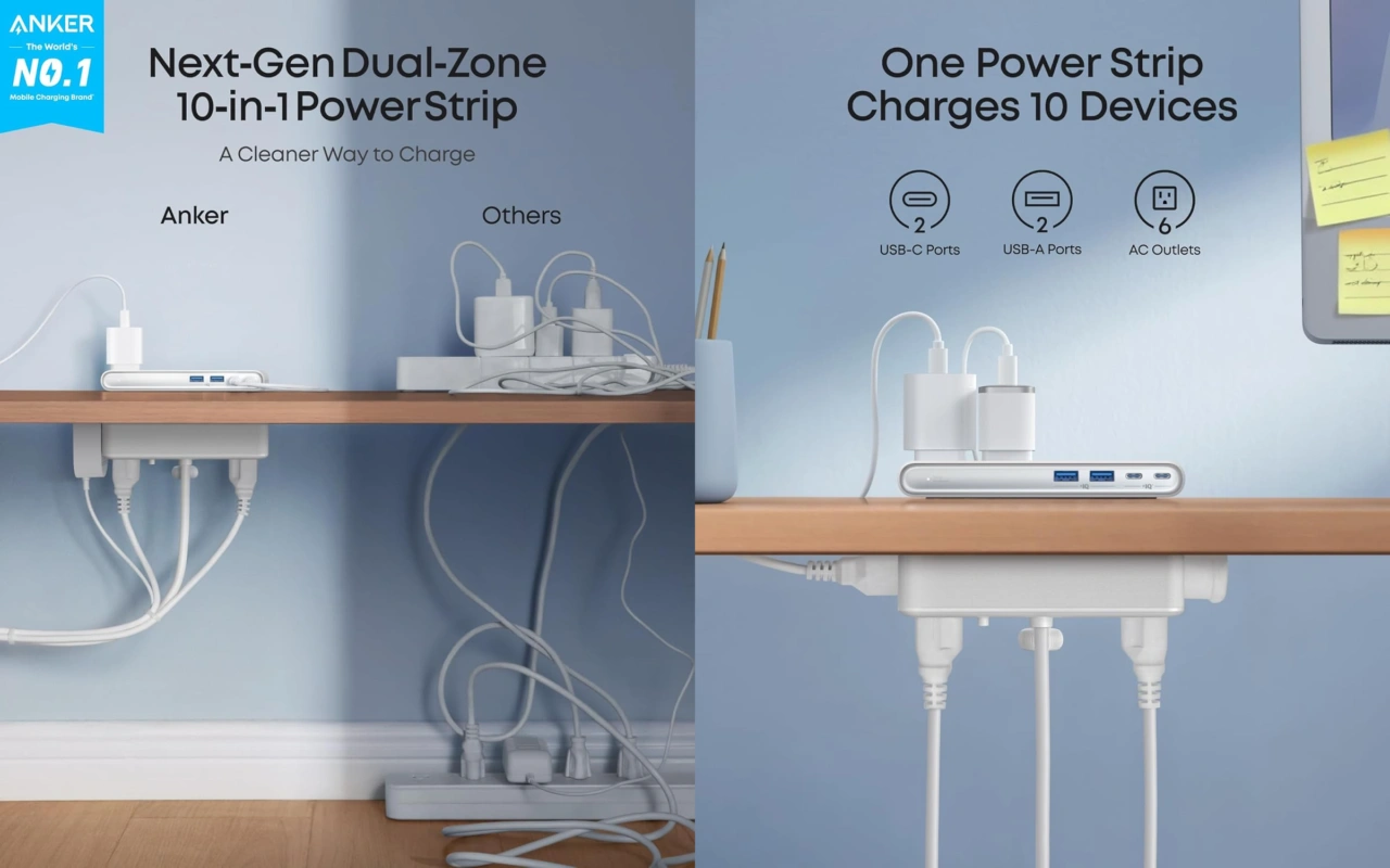 Anker Nano Power Strip (10-in-1, 70W, Clamp)