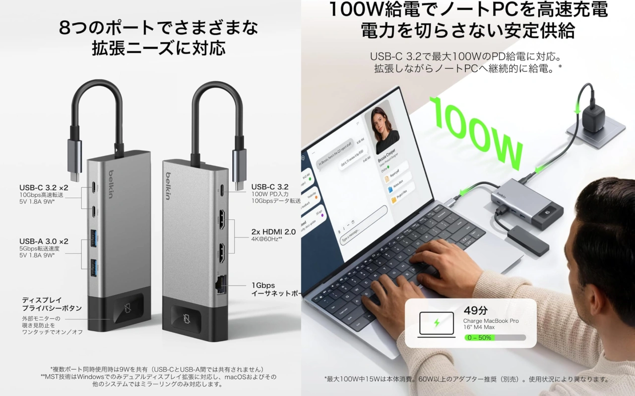Belkin Connect 8ポート デュアルディスプレイ対応 USB-Cハブ
